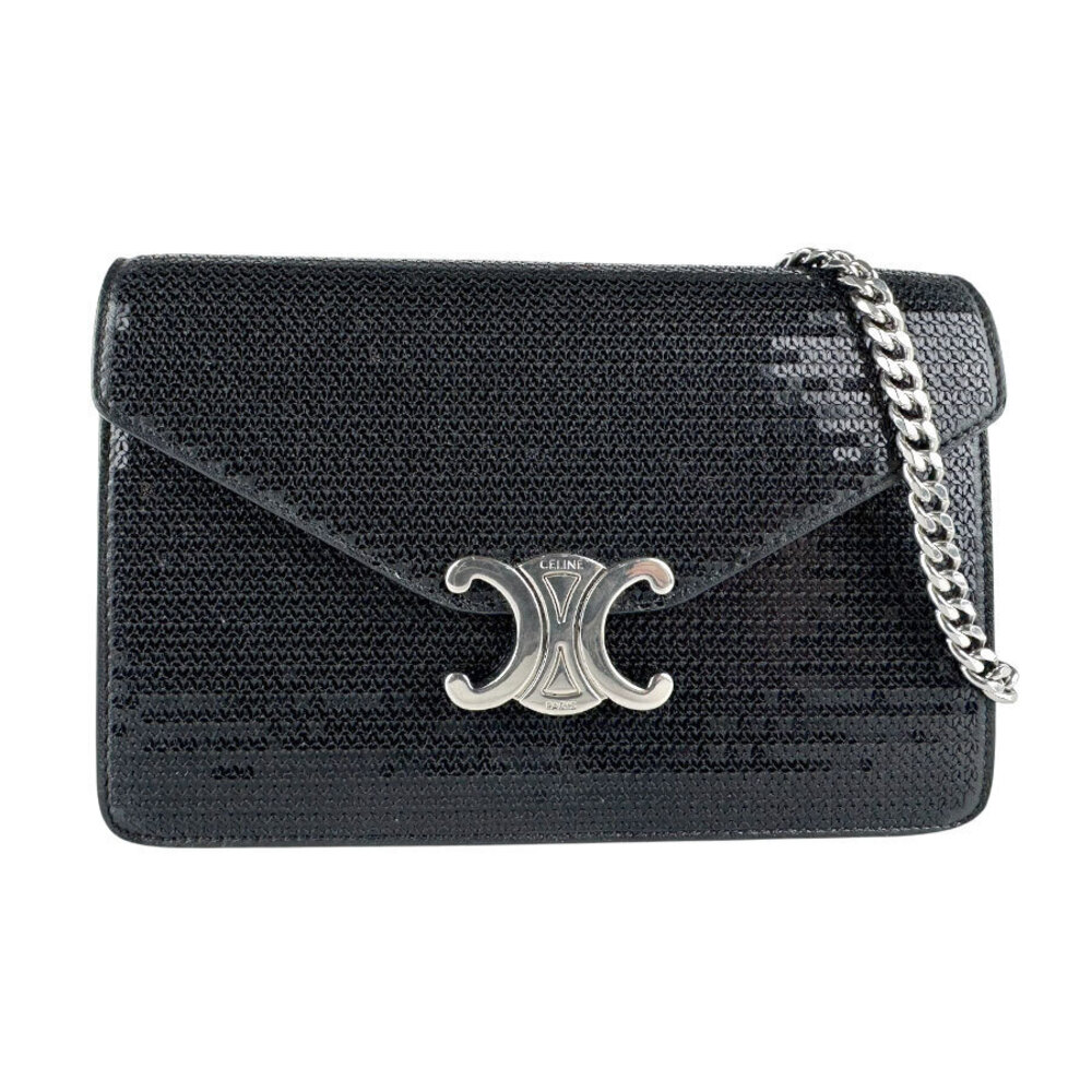 Celine Shoulder Bag Chain Wallet Margo Sequin Black Silver